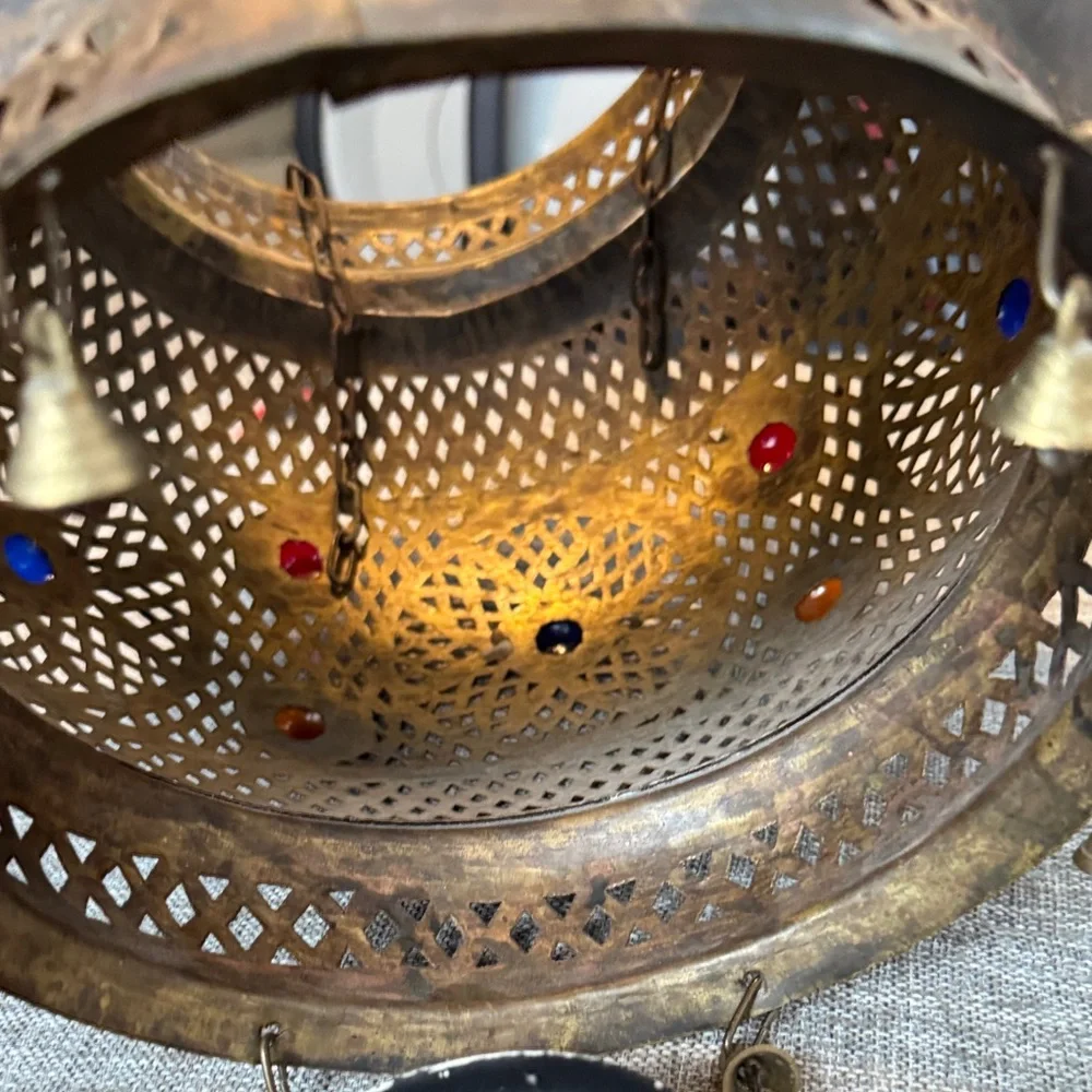 Vintage moroccan Metal Lantern with Red, Blue, and Orange Accents